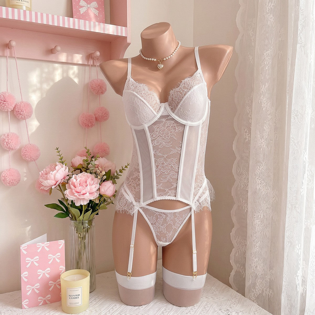 White Eyelash Lace Underwire Corset Garter Set - White
