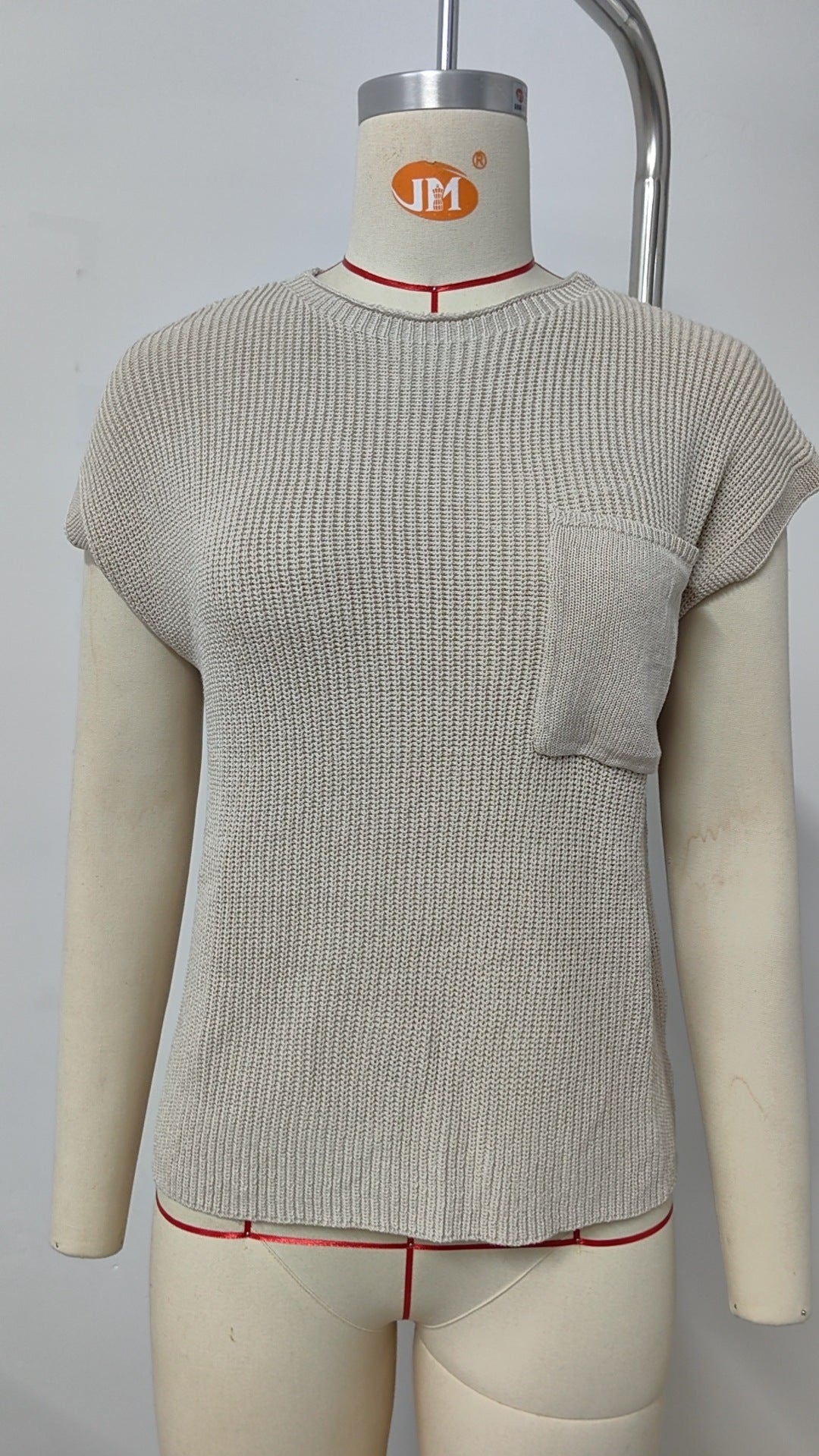 Ribbed Knit Pocket Cap Sleeve Top - Apricot