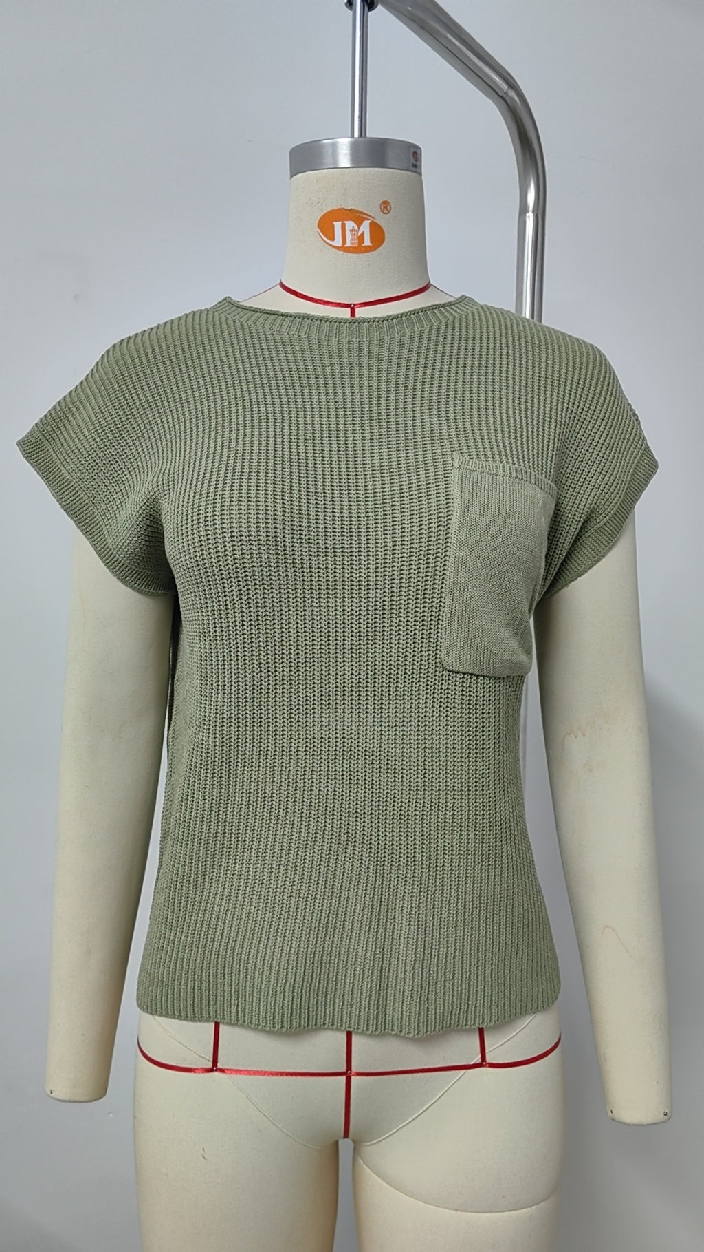 Ribbed Knit Pocket Cap Sleeve Top - Green