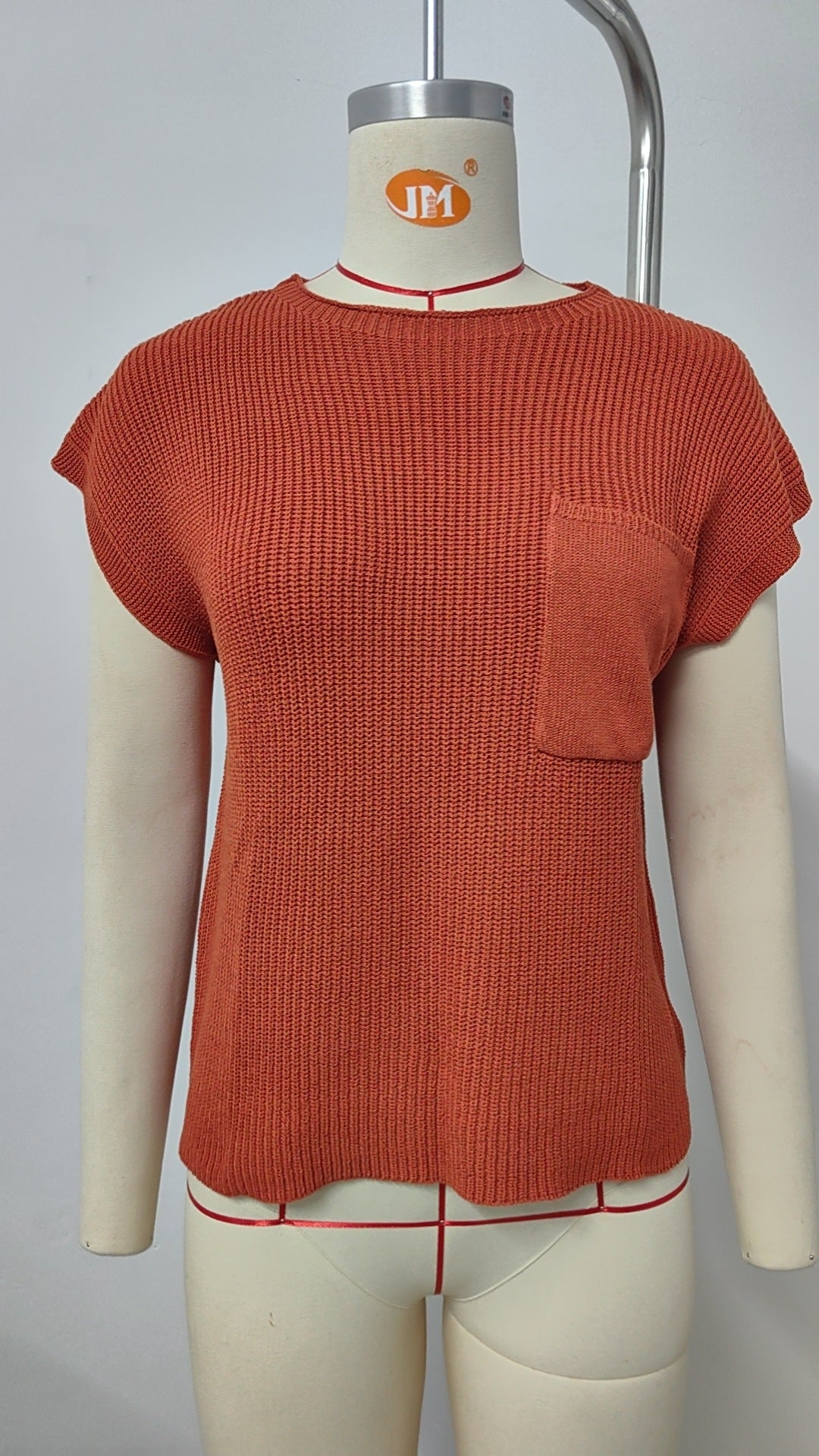 Ribbed Knit Pocket Cap Sleeve Top - RustRed