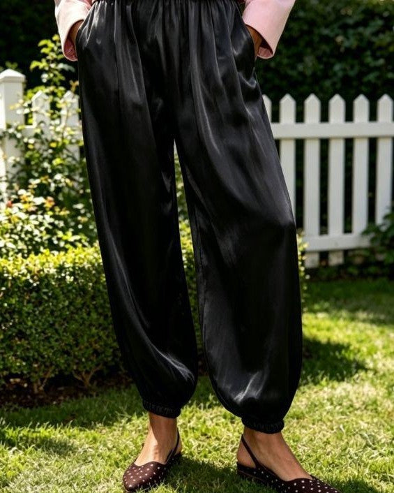 Satin Balloon Leg Elastic Waist Pants - Black