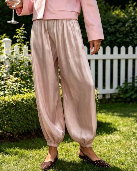 Satin Balloon Leg Elastic Waist Pants - Pink