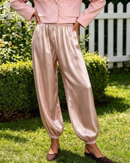 Satin Balloon Leg Elastic Waist Pants - Pink - 1