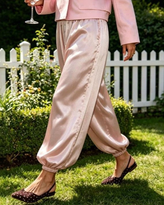 Satin Balloon Leg Elastic Waist Pants - Pink - 2