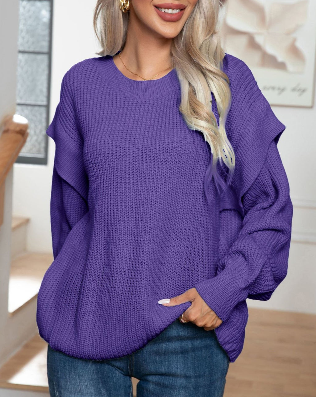 Ruffle Shoulder Waffle Knit Jumper - Purple