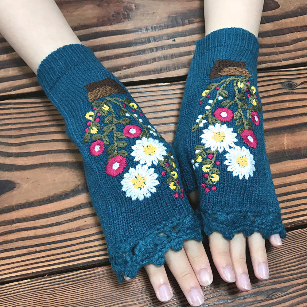Daisy Embroidered Knit Fingerless Gloves - Blue