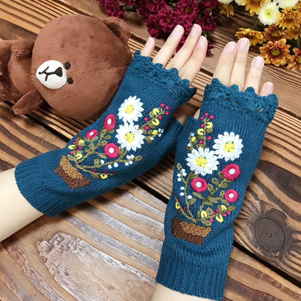 Daisy Embroidered Knit Fingerless Gloves - Blue - 1