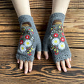Daisy Embroidered Knit Fingerless Gloves - Grey