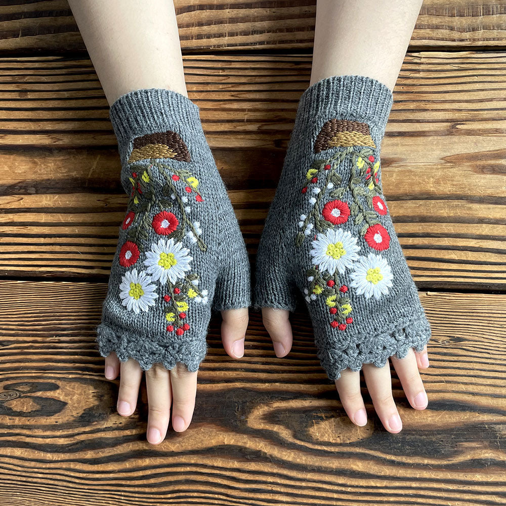 Daisy Embroidered Knit Fingerless Gloves - Grey