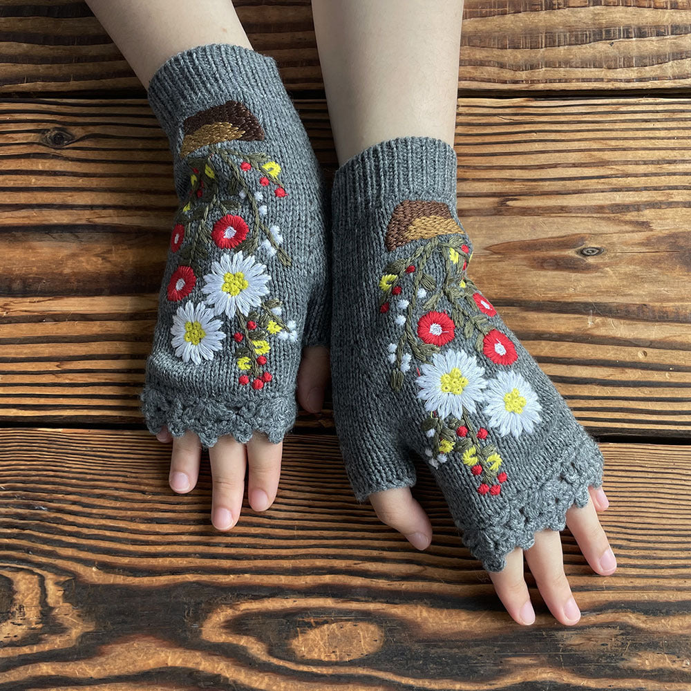 Daisy Embroidered Knit Fingerless Gloves - Grey - 1