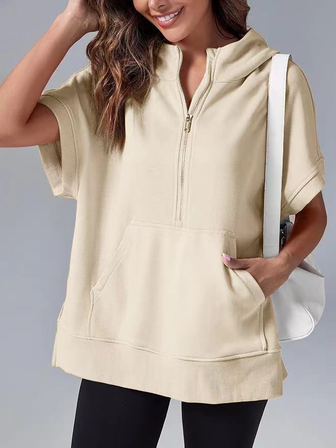 Short Sleeve Half Zip Hooded Sweatshirt - Beige
