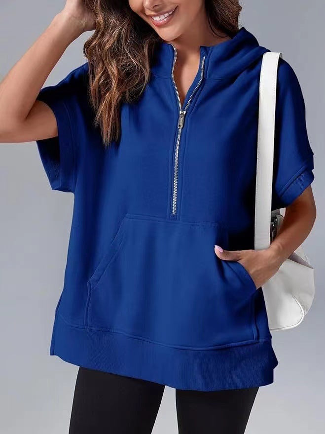 Short Sleeve Half Zip Hooded Sweatshirt - Navy