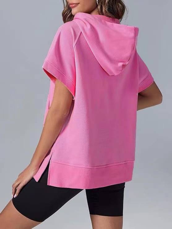 Short Sleeve Half Zip Hooded Sweatshirt - Pink - 1