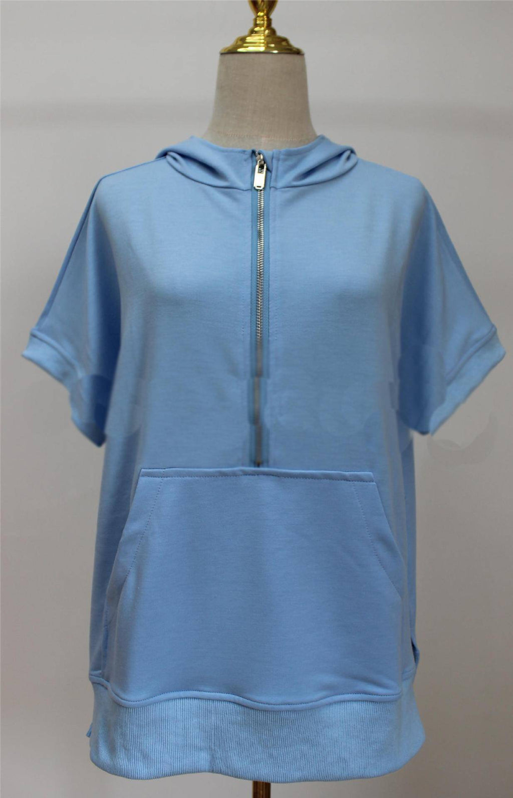 Short Sleeve Half Zip Hooded Sweatshirt - Sky - 1