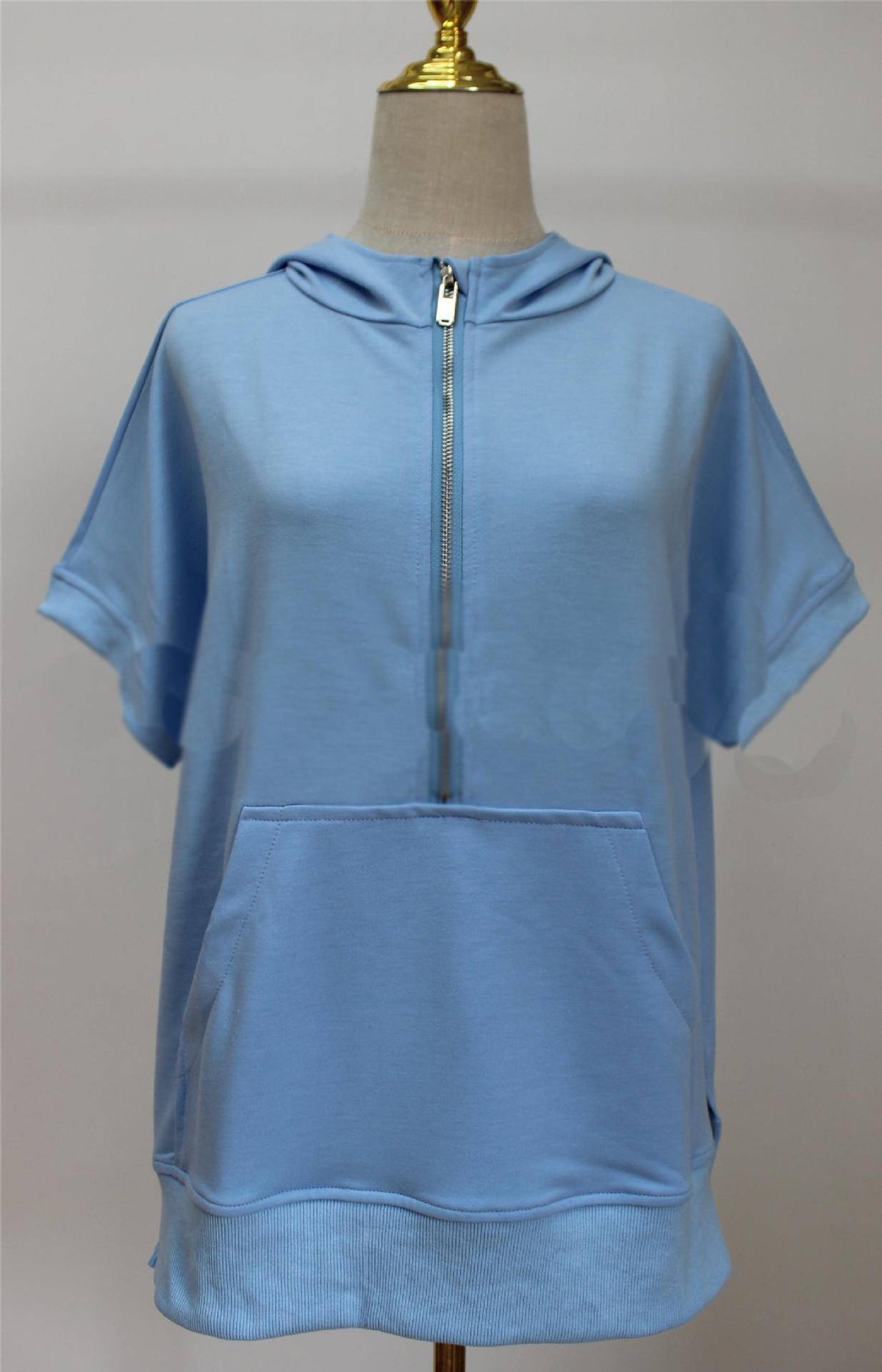 Short Sleeve Half Zip Hooded Sweatshirt - Sky - 1