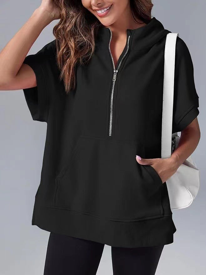 Short Sleeve Half Zip Hooded Sweatshirt - black