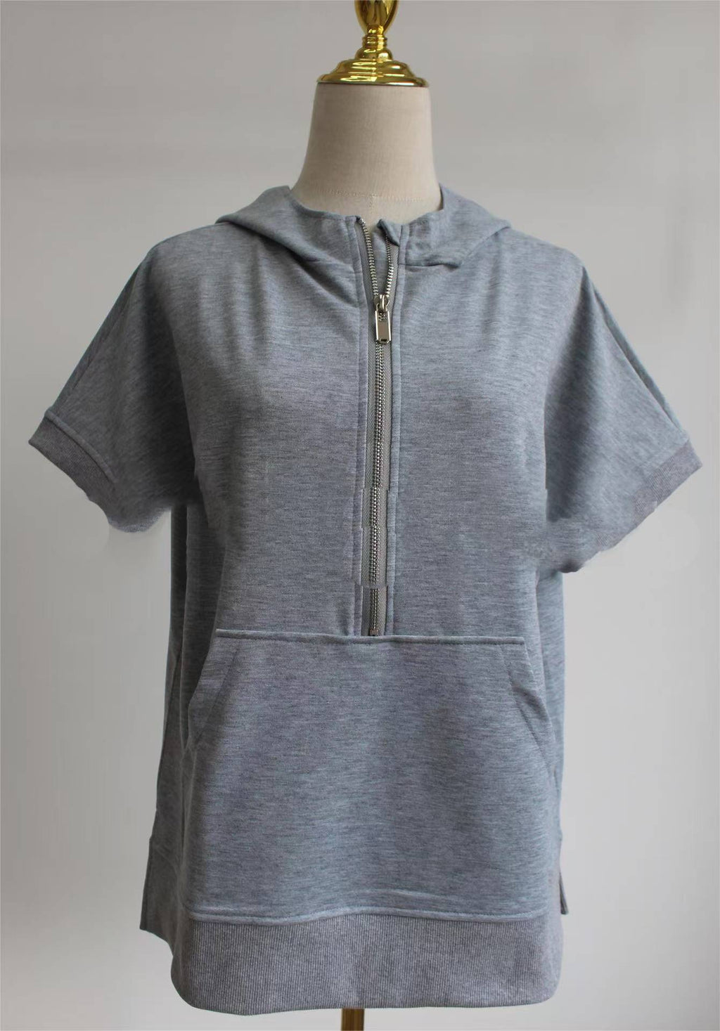 Short Sleeve Half Zip Hooded Sweatshirt - grey - 1