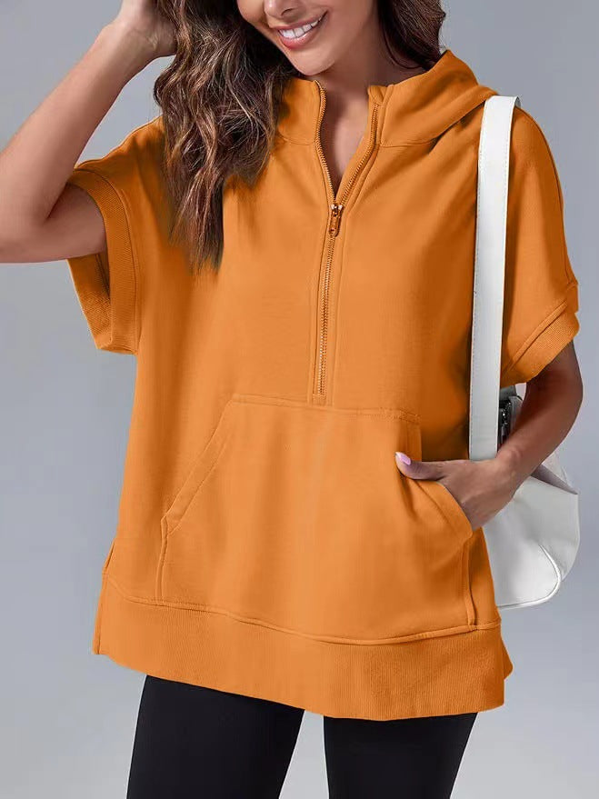 Short Sleeve Half Zip Hooded Sweatshirt - orange