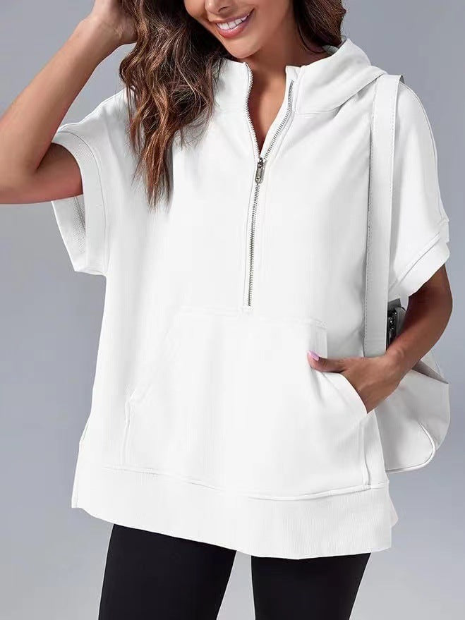 Short Sleeve Half Zip Hooded Sweatshirt - white