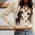 Western Horse Intarsia Button Knit Cardigan - Horse