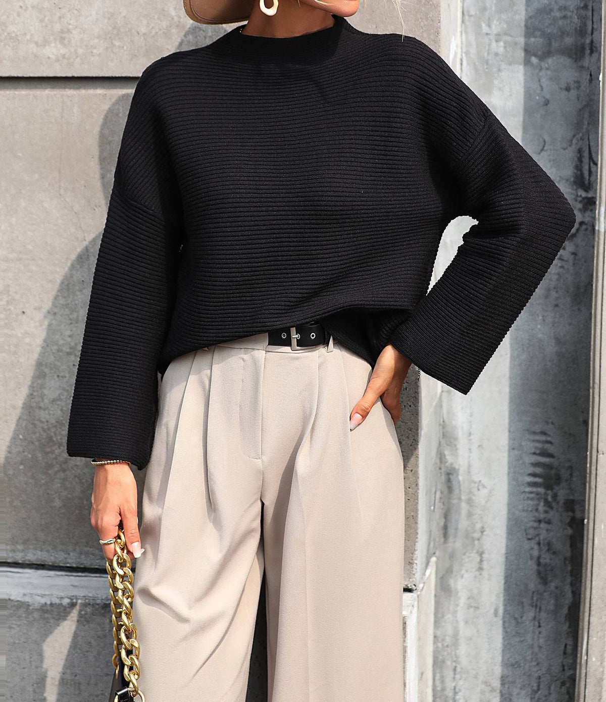 Ribbed Mock Neck Cropped Wide Sleeve Sweater - Black