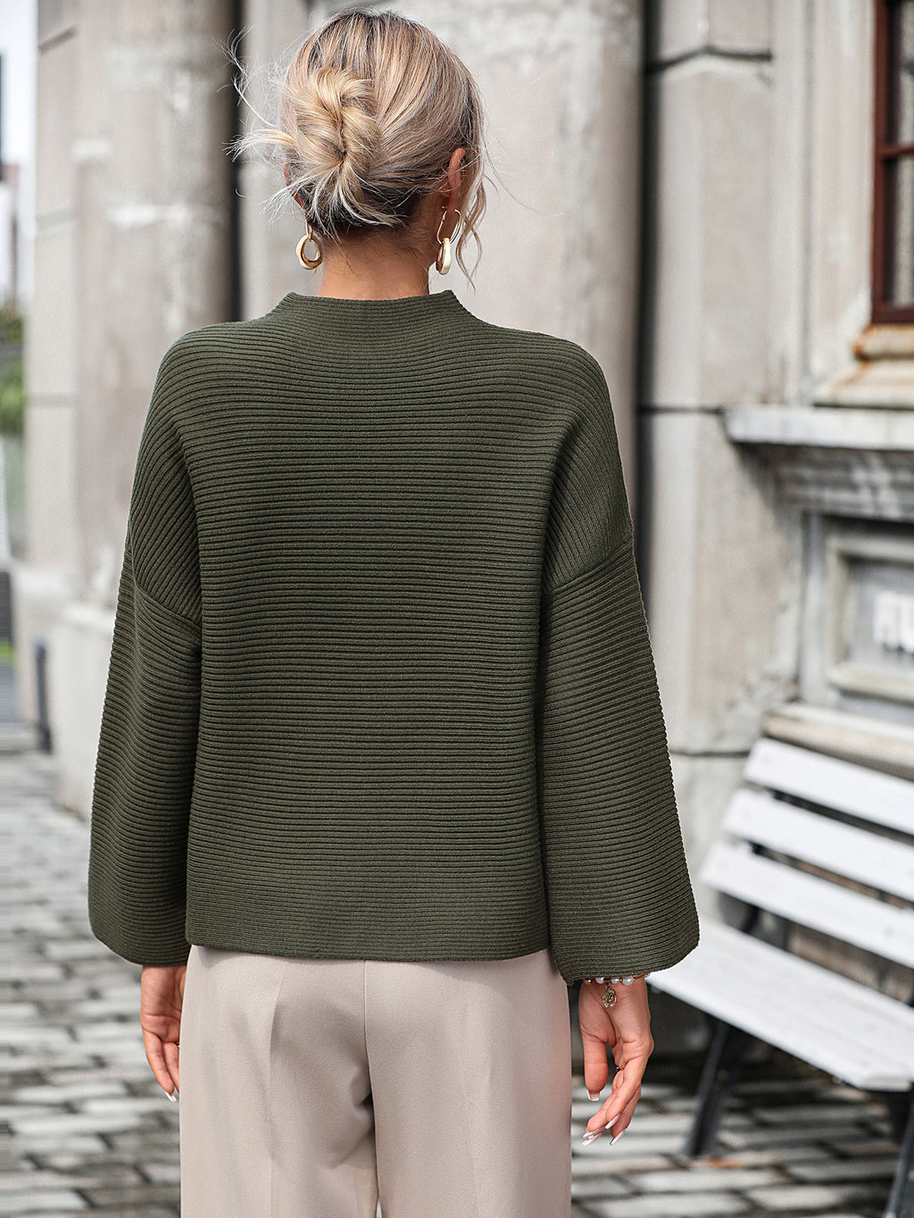Ribbed Mock Neck Cropped Wide Sleeve Sweater - DarkGreen