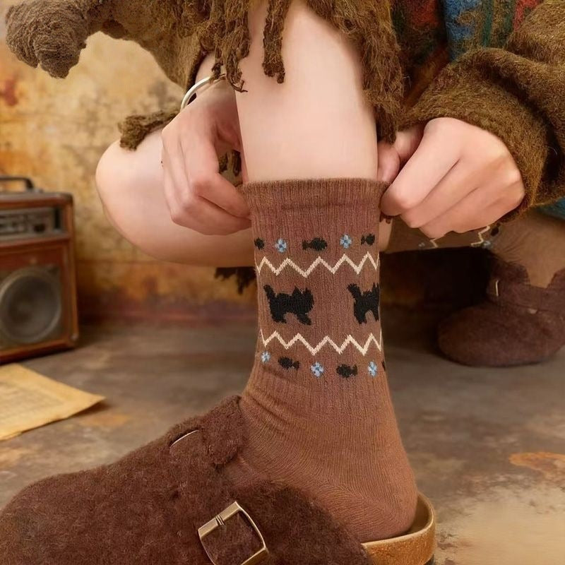 Vintage Nordic Bow Knit Crew Socks - Brown