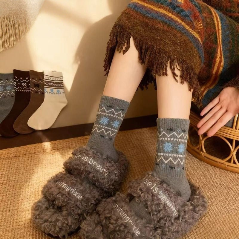 Vintage Nordic Bow Knit Crew Socks - Grey