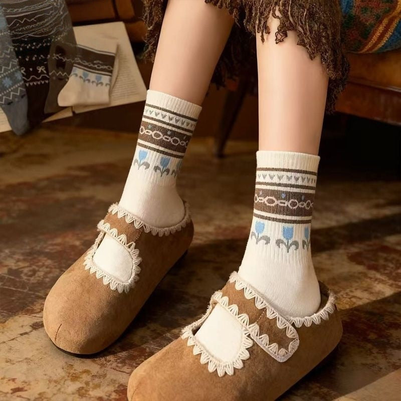 Vintage Nordic Bow Knit Crew Socks - Oats - 1