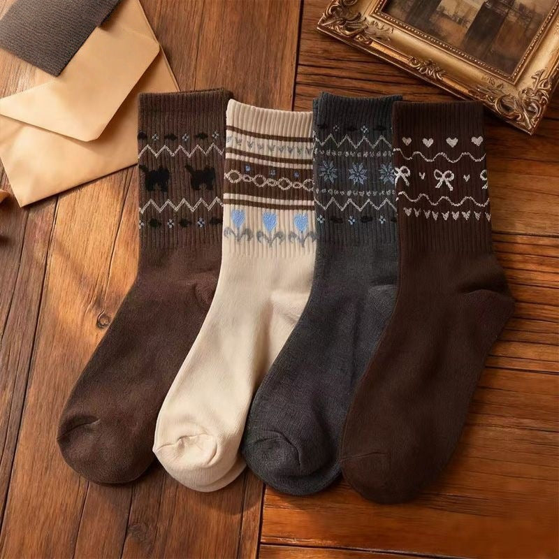 Vintage Nordic Bow Knit Crew Socks - Oats - 2