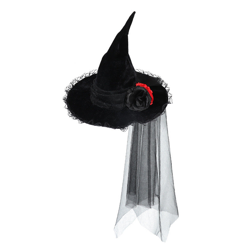 Rose Lace Veil Gothic Witch Hat - Black - 1