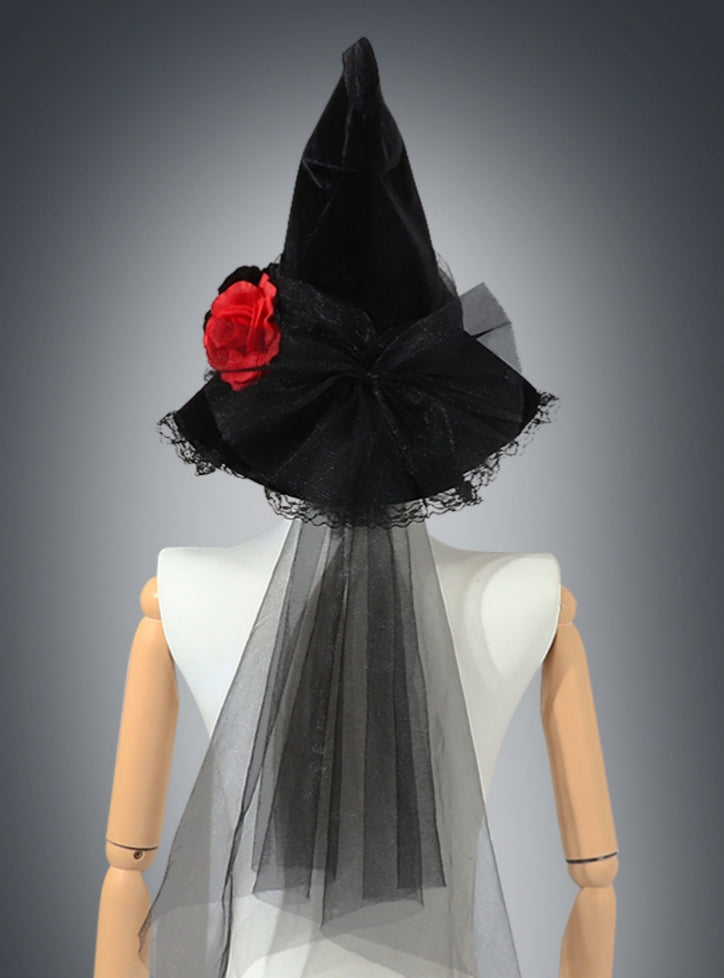 Rose Lace Veil Gothic Witch Hat - Black - 2