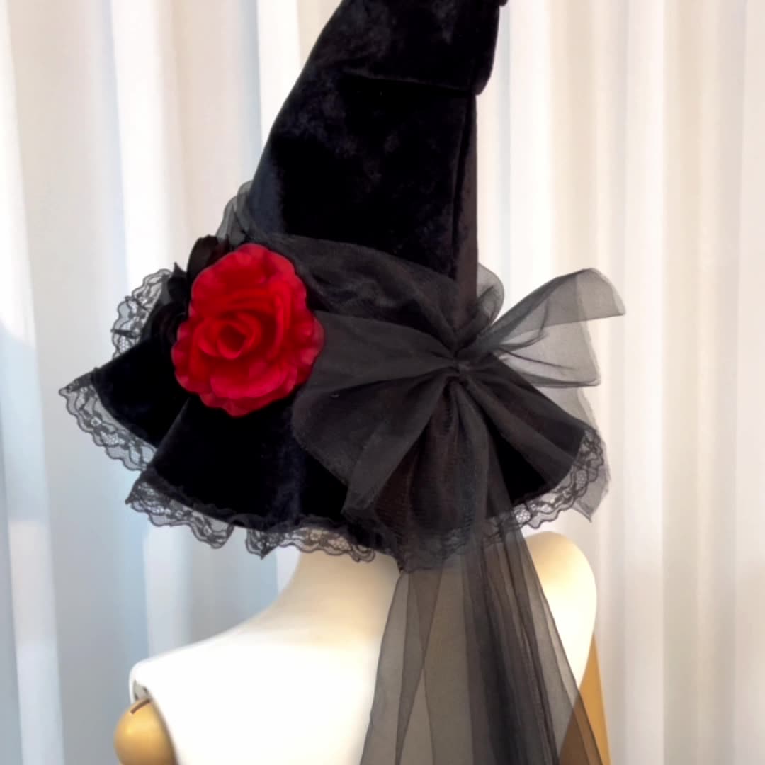 Rose Lace Veil Gothic Witch Hat - Black - 3