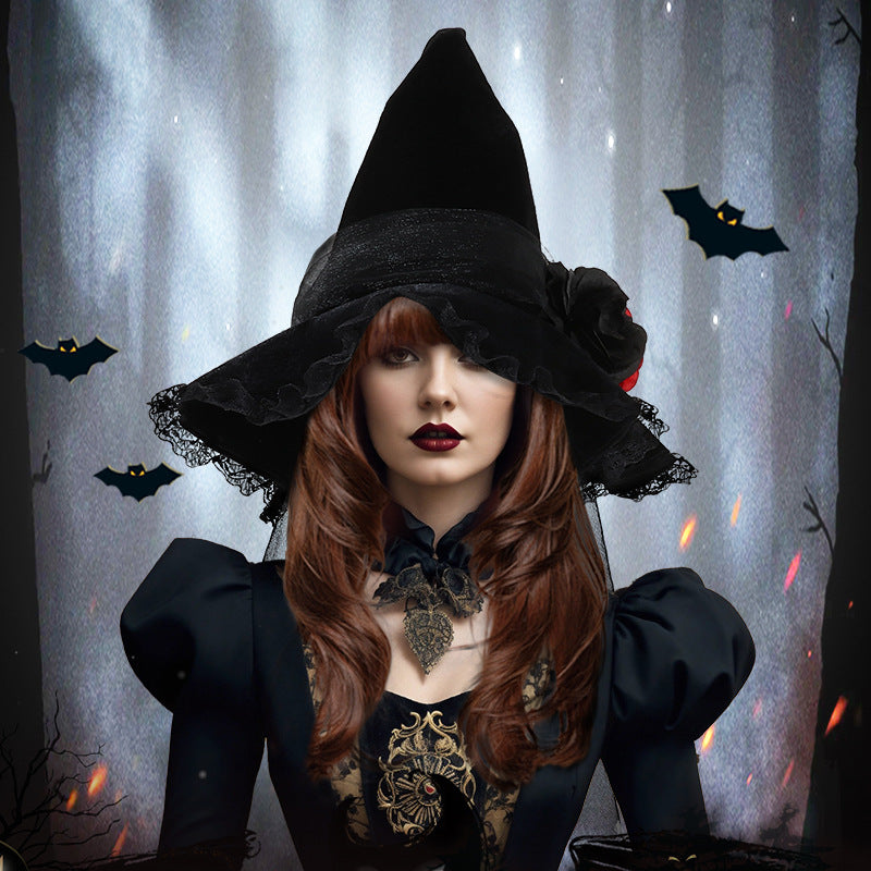 Rose Lace Veil Gothic Witch Hat - Black - 4