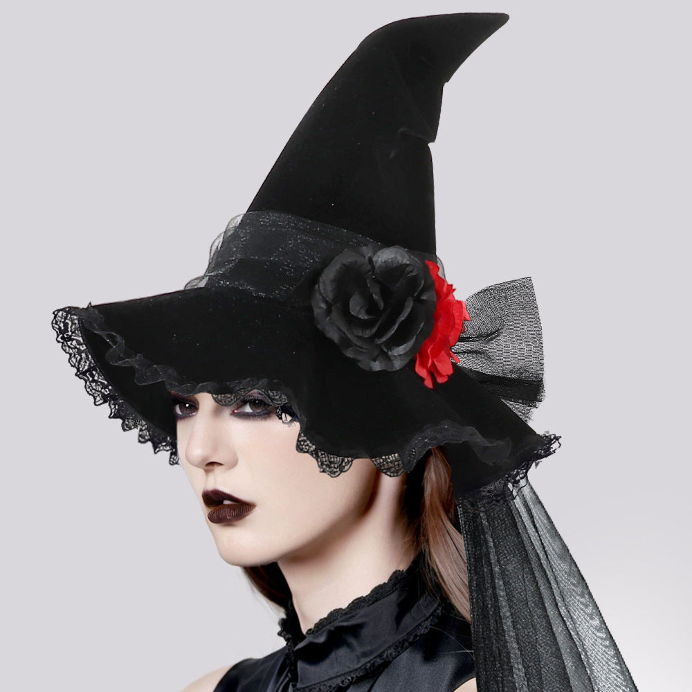 Rose Lace Veil Gothic Witch Hat - Black - 5