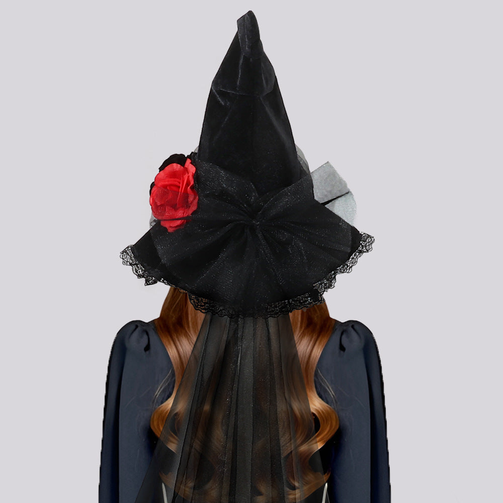 Rose Lace Veil Gothic Witch Hat - Black - 6