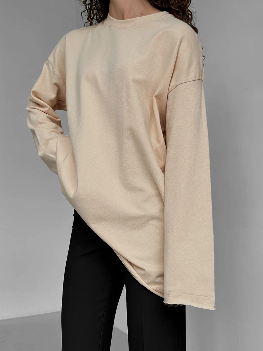 Oversized Crew Neck Long Sleeve Cotton Tunic Tee - Apricot