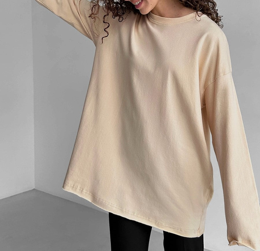 Oversized Crew Neck Long Sleeve Cotton Tunic Tee - Apricot - 1