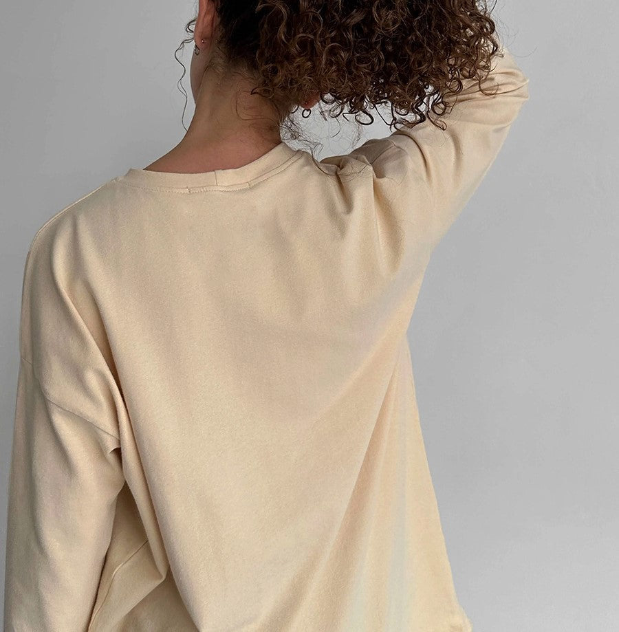 Oversized Crew Neck Long Sleeve Cotton Tunic Tee - Apricot - 2