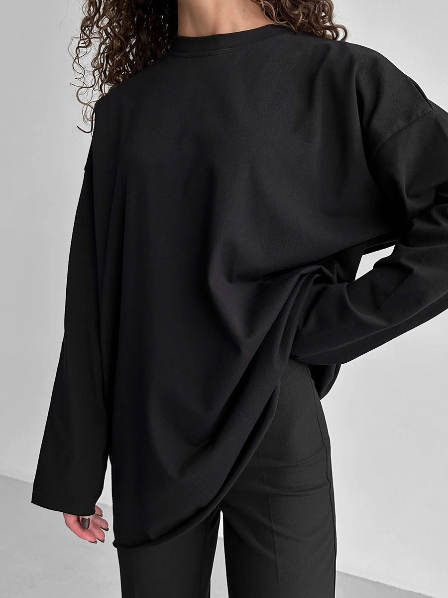 Oversized Crew Neck Long Sleeve Cotton Tunic Tee - Black
