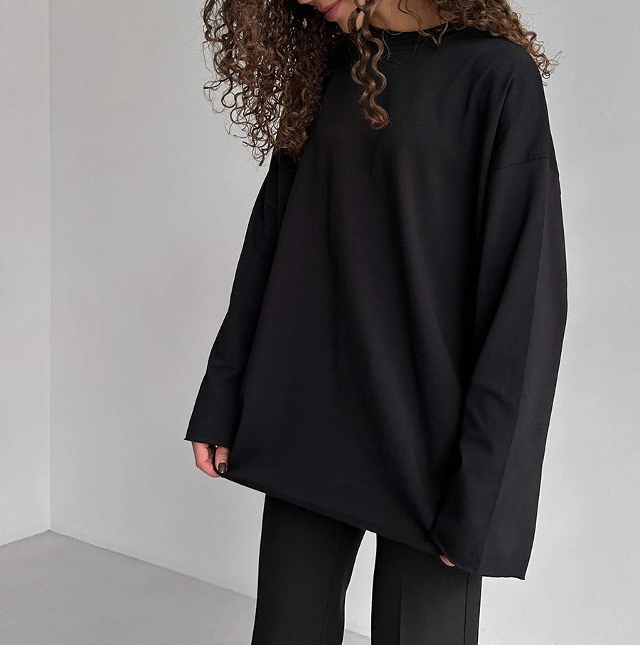 Oversized Crew Neck Long Sleeve Cotton Tunic Tee - Black - 1