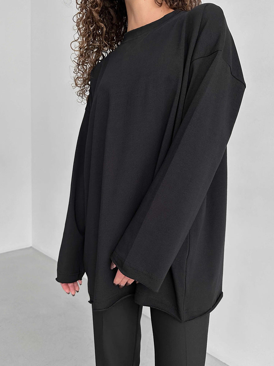 Oversized Crew Neck Long Sleeve Cotton Tunic Tee - Black - 2