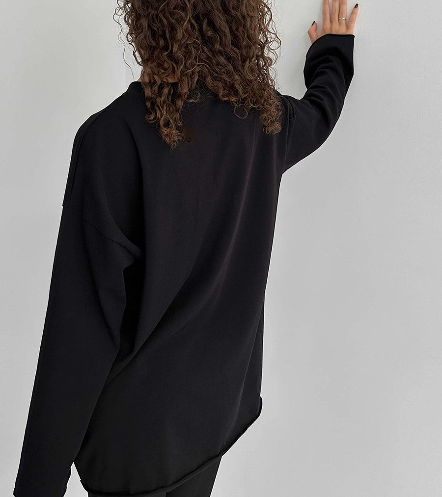 Oversized Crew Neck Long Sleeve Cotton Tunic Tee - Black - 3