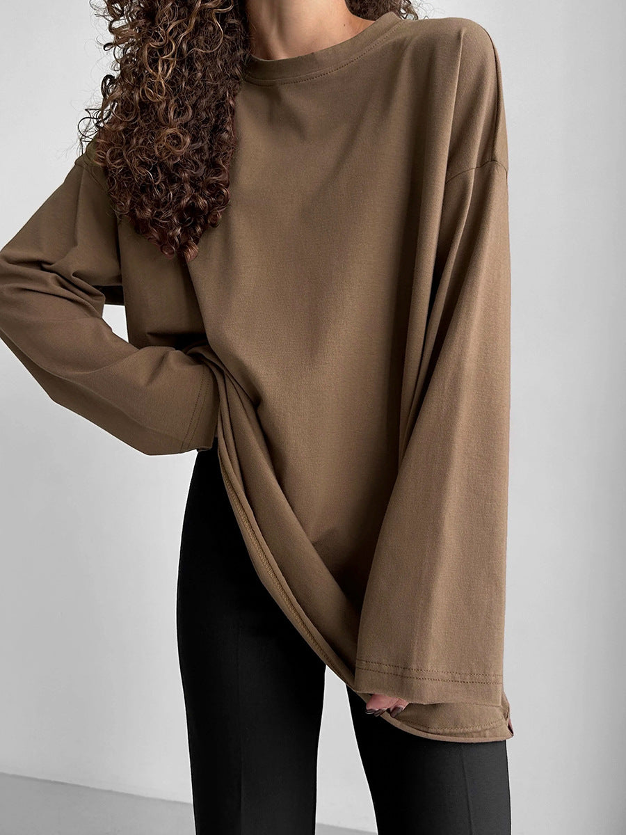 Oversized Crew Neck Long Sleeve Cotton Tunic Tee - Coffee