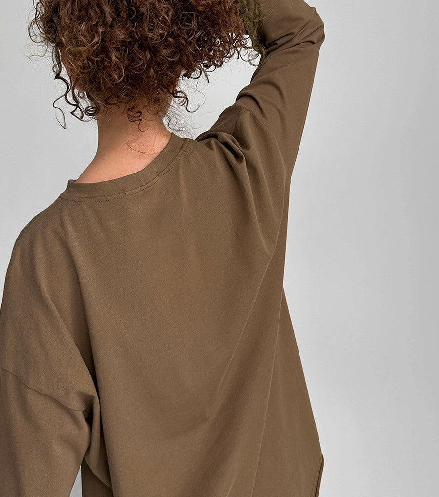 Oversized Crew Neck Long Sleeve Cotton Tunic Tee - Coffee - 1