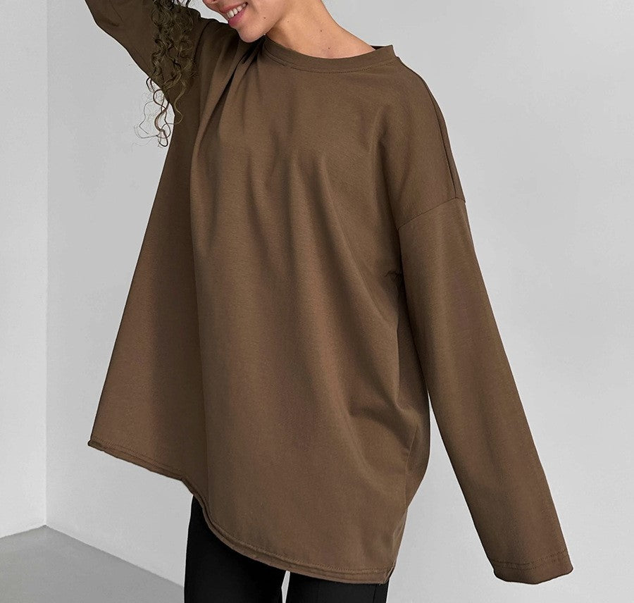 Oversized Crew Neck Long Sleeve Cotton Tunic Tee - Coffee - 2