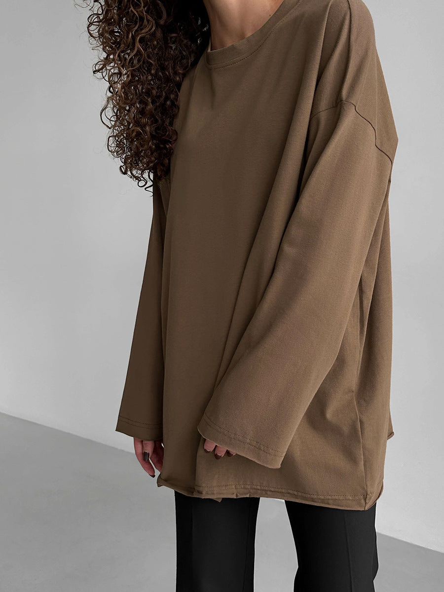 Oversized Crew Neck Long Sleeve Cotton Tunic Tee - Coffee - 3