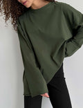 Oversized Crew Neck Long Sleeve Cotton Tunic Tee - Green