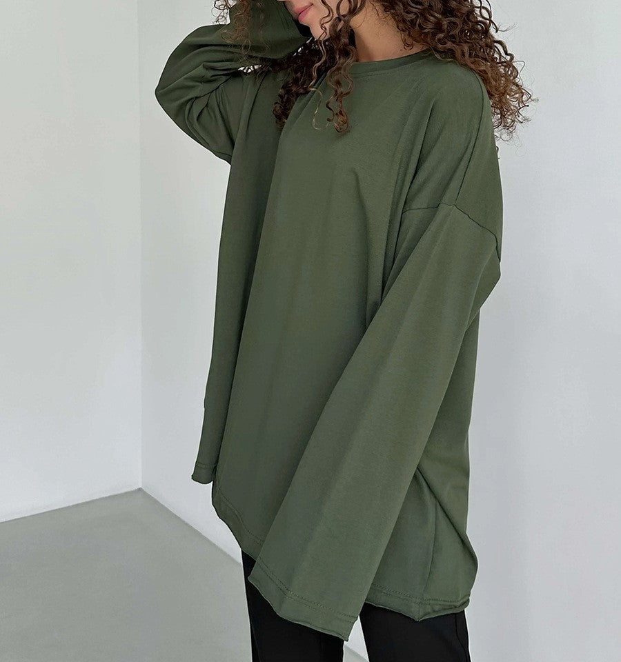 Oversized Crew Neck Long Sleeve Cotton Tunic Tee - Green - 1