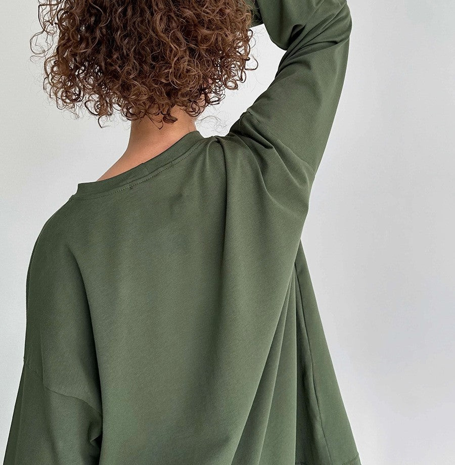 Oversized Crew Neck Long Sleeve Cotton Tunic Tee - Green - 2